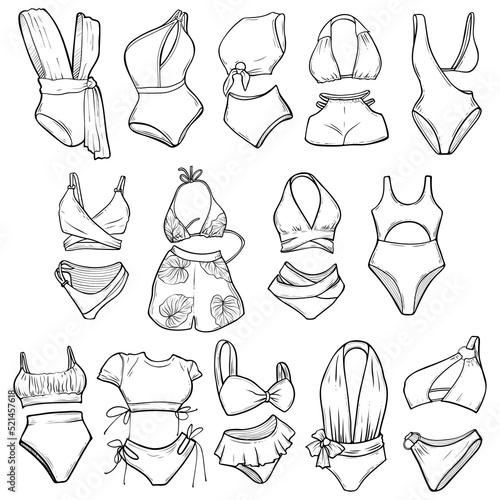 Set of swim suits, hand drawn vector monochrome illustration