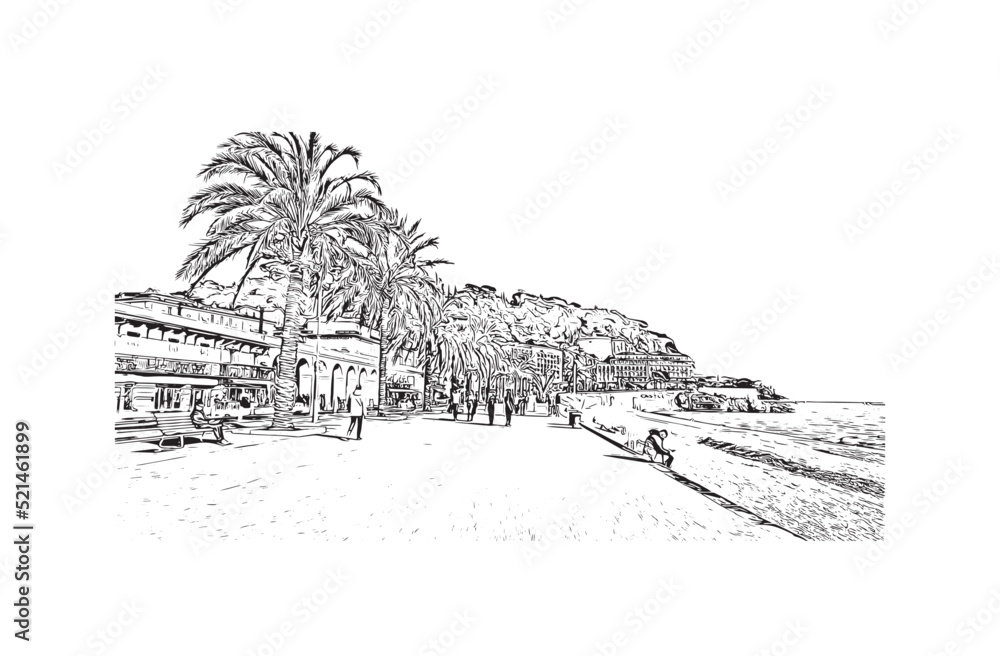 Building view with landmark of Nice is the 
city in France. Hand drawn sketch illustration in vector.