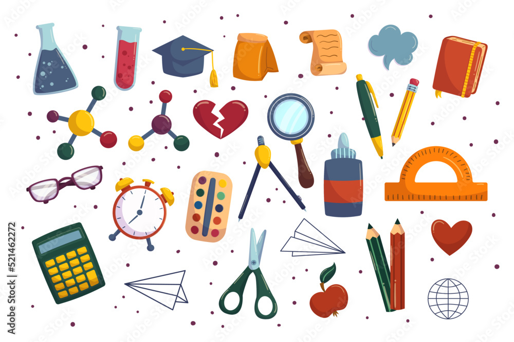 Cartoon collection with school equipment. Back to school supplies