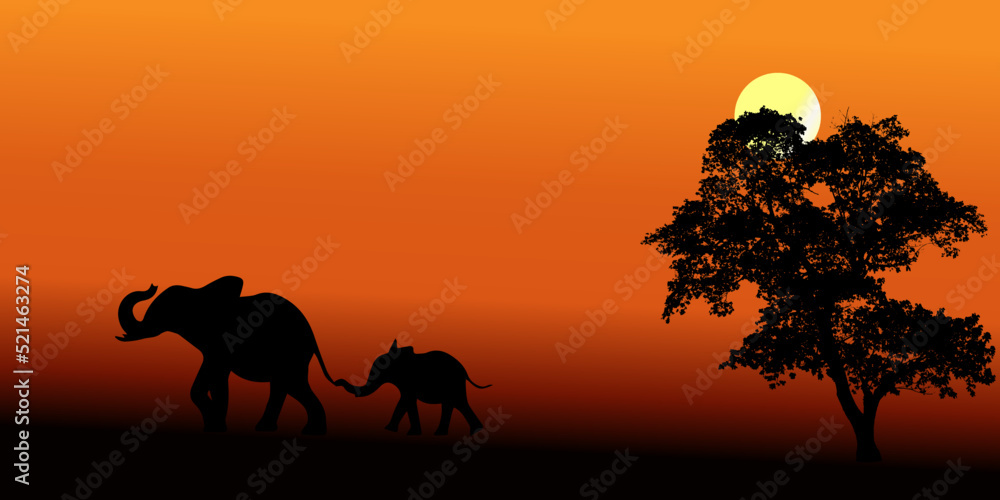 Naklejka premium Elephant family walking in silhouette during sunrise stock illustration