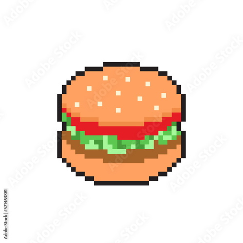  Pixel burger vector icon. Pixel art. Retro style. Fast food.