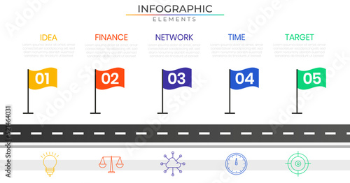 Roadmap timeline infographic design vector with icons. Five steps annual network project template for presentation and report.	