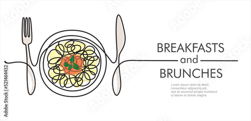 Single continuous line drawing of delicious spaghetti with fork and knife. Italy pasta noodle restaurant concept hand draw line art design vector illustration for cafe, shop or food delivery service
