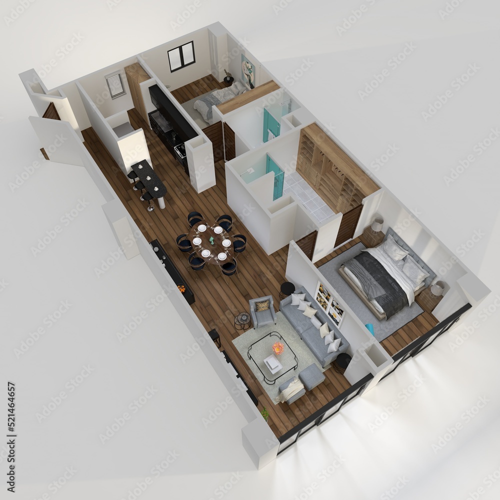 3d illustration of interior design plan for home office. The interior ...