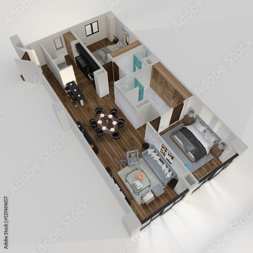 3d illustration of interior design plan for home office. The interior is made in the traditional Scandinavian style using a bright color palette. Render in perpective. photo