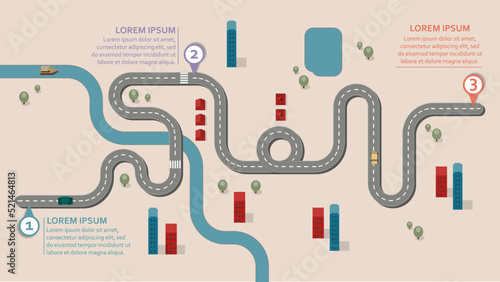 Business workflow roadmap, infographic flat lay style,  in 16:9 wide, HD format on colourful city design background with 3 check points