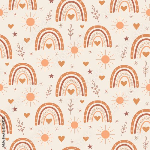 Cute boho rainbow seamless pattern with sun , hearts and stars in terracotta, brown and peach. For baby shower, nursery décor and textile
