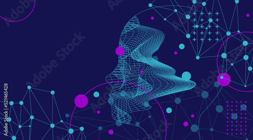 Artificial Intelligence concept. Creative brain concept background. Vector science illustration. Technology background. Big data concept. Machine cyber mind. Human face with binary data flow