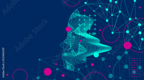 Artificial Intelligence concept. Creative brain concept background. Vector science illustration. Technology background. Big data concept. Machine cyber mind. Human face with binary data flow