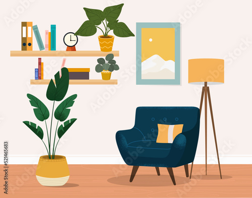 Living room interior, interior design. Furniture: armchair, floor lamp, book shelves, painting, flowers in pots. Flat style vector illustration