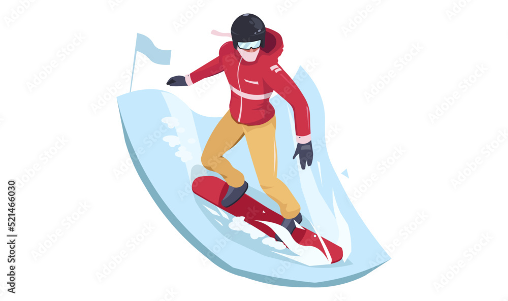 Snowboarder in red uniform with helmet and glasses. Sports man Icon, snowboarder sliding down on ice. Competition concept for game, graphic resource, new modern design. Isometric vector illustration Snowboarder in red uniform with helmet and glasses. Sports man Icon, snowboarder sliding down on ice. Competition concept for game, graphic resource, new modern design. Isometric vector illustration