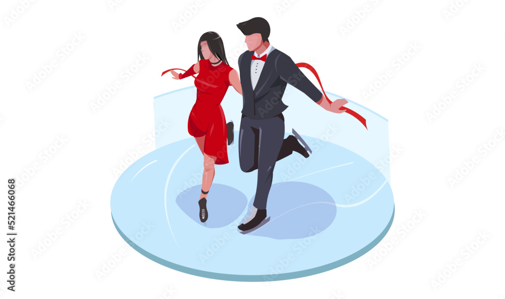Professional figure skaters couple dancing in sport performance. Man in black suite and beautiful woman in red dress skating on round ice rink. Competition icon Isometric design. Vector illustration