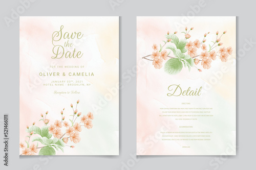 Floral wedding invitation template set with brown sakura flowers and leaves decoration. Botanic card design concept