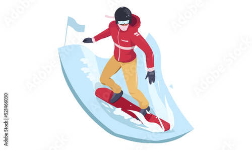 Snowboarder in red uniform with helmet and glasses. Sports man Icon, snowboarder sliding down on ice. Competition concept for game, graphic resource, new modern design. Isometric vector illustration