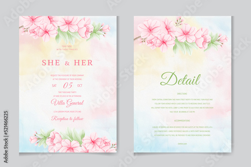 Floral wedding invitation template set with brown sakura flowers and leaves decoration. Botanic card design concept