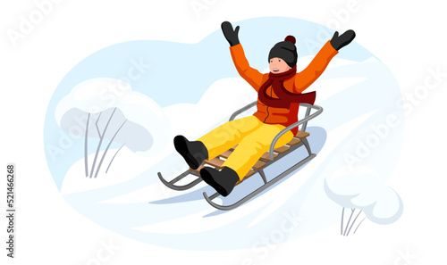 Young boy sledging the hill winter holiday. Kid driving in a sleigh wintertime activity. Child in hat and scarf enjoy outdoor cold weather. Cartoon Vector illustration Isolated on white background