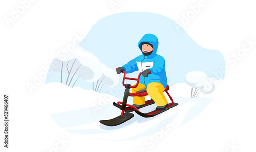 Young boy slides snow scooter on winter holiday. Wintertime ride sleigh activity for kids. Child in the hood enjoy outdoor snowy, cold weather. Cartoon Vector illustration Isolated on white background