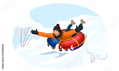 Happy woman slide down the hill on red, blue tubing. Smiling young girl riding on tubing extreme lying on stomach and hold hands to the sides. Cartoon Vector illustration Isolated on white background © GN.STUDIO