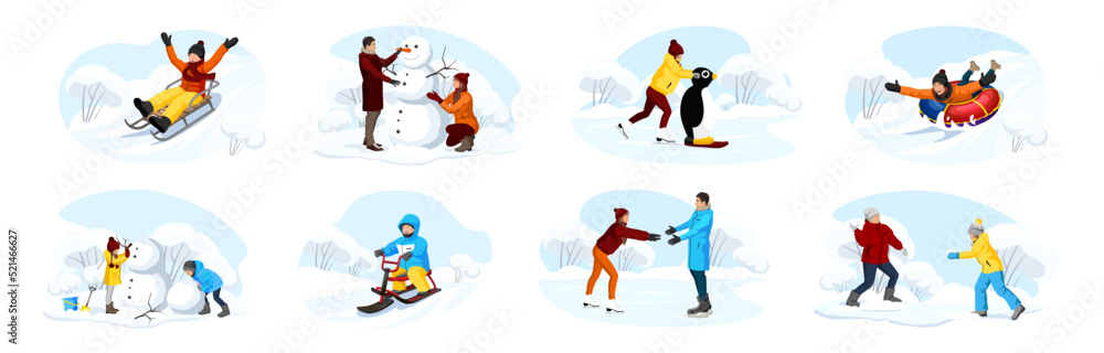 Set of winter activity story. People enjoy of snowy season, skating on ice, sliding down the hill on tubing, snow scooter, sledging on sled. Man, woman, kid, child making snowman. Vector illustration. Set of winter activity story. People enjoy of snowy season, skating on ice, sliding down the hill on tubing, snow scooter, sledging on sled. Man, woman, kid, child making snowman. Vector illustration.