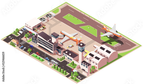 Airport with aerodrome for commercial air transport  landing area  runway for plane to land  utility buildings  control tower for monitor aircraft  hangars  terminal. Isometric vector illustration