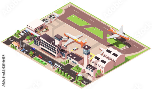 Airport with aerodrome for commercial air transport, landing area, runway for plane to land, utility buildings, control tower for monitor aircraft, hangars, terminal. Isometric vector illustration