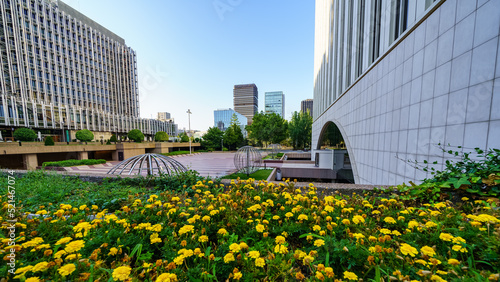 Gardens with flowers among the modern glass and steel buildings in the center of Madrid, Spain.