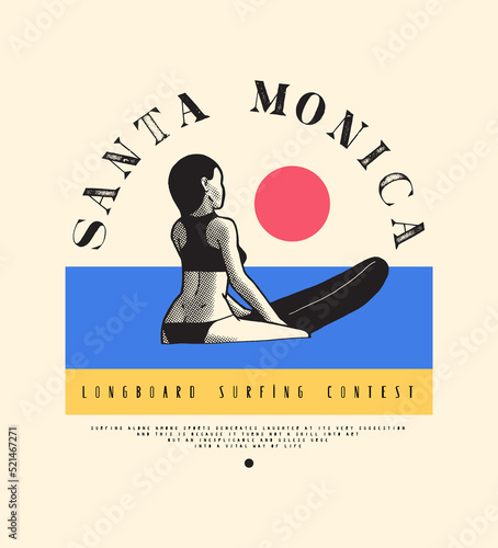 Wallpaper Mural Santa Monica surfing girl sitting on a surfboard and waiting for a wave. Silkscreen summer sports vintage typography t-shirt print vector illustration. Torontodigital.ca