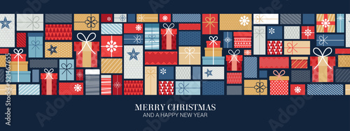 Christmas gift boxes pattern with ribbons in hand drawn doodle style. Winter holiday background with presents. Seamless design for greeting cards, invitations, posters