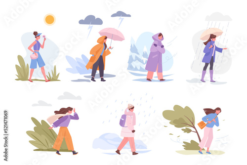 season people. woman walking in different weather time snow rain shiny cloudy. Vector season characters concept pictures