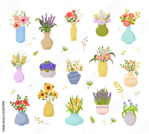 vase flowers. decorative beautiful plants standing in pots and vase botanical colored illustration in flat style. Vector templates