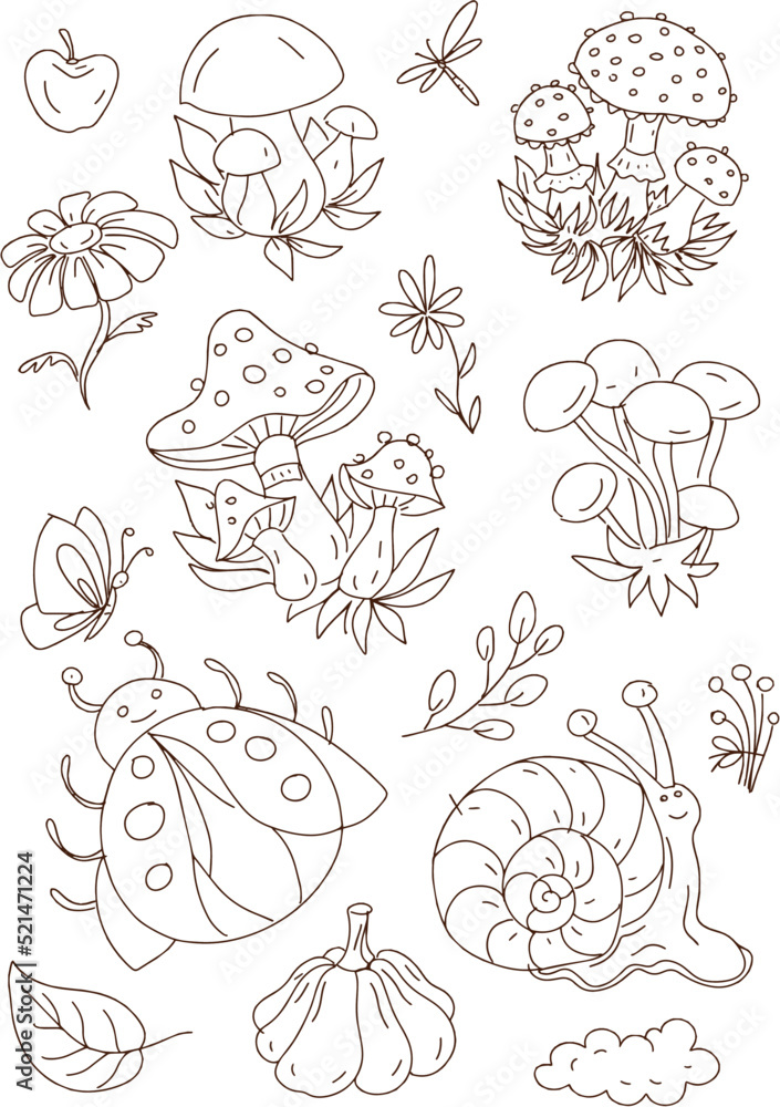 Mushroom stickers insects snail forest hand drawn set of separate elements cute cartoon coloring doodle Mushroom stickers insects snail forest hand drawn set of separate elements cute cartoon coloring doodle