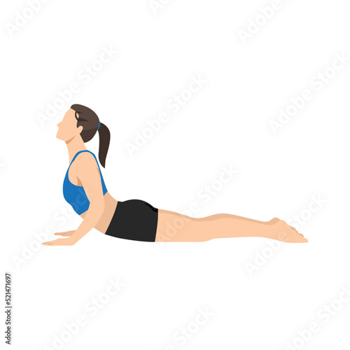 Woman doing Cobra or Bhujangasana Yoga pose. Flat vector illustration isolated on white background