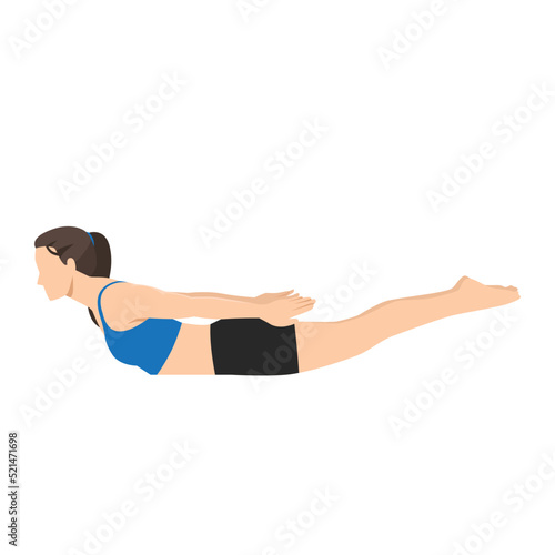 Woman doing Locust yoga pose. Salabhasana. Flat vector illustration isolated on white background