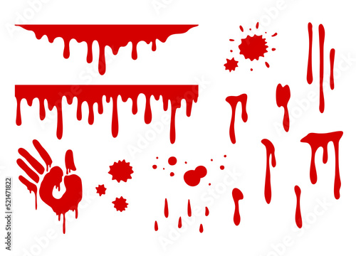 Collection of blood splatters. Halloween bleeding hand. Red paint