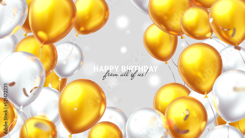 Photography 3d happy birthday illustration with pile of realistic golden and white air balloon on light background