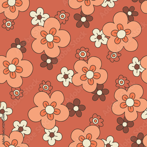 Colorful Medium Scale Hand-Drawn Floral Vector Seamless Pattern. Retro 70s Style Nostalgic Daisies. Fashion Textile Bold Background. Summer Resort Print. Flower Power