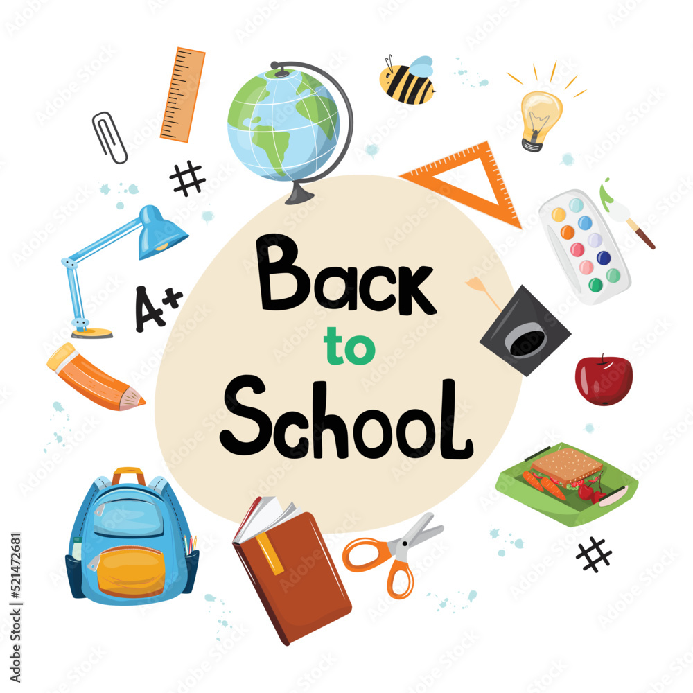 Collection of school elements in flat cartoon style. Collection of school elements in flat cartoon style.