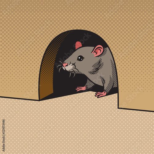 rat mouse peeking out of hole in wall pop art retro vector illustration. Comic book style imitation.