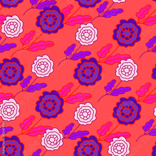 Decorative seamless pattern with doodle folk flowers ornament.