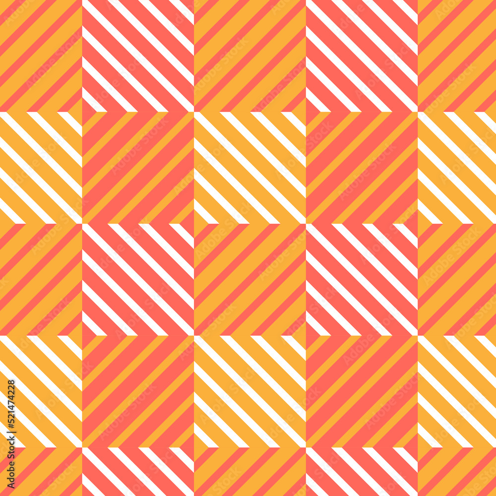 Fototapeta premium Plaid seamless pattern with square. Vector fabric print template. Scottish style gingham ornament. Geometric striped carpet background. Checkered red, white and orange backdrop.