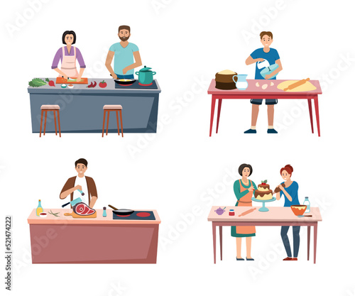 family cooking. mother father and kids preparing different food in kitchen cooking frying and slicing and boiling products. Vector cartoon people