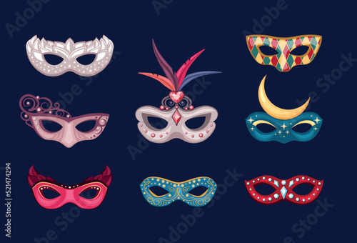 venetian mask. carnival mystery masked faces holiday decoration for performance. Vector carnival costumes