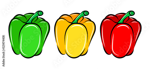 Red, green and yellow sweet pepper isolated vector icon set. Vegetable fresh food cartoon. Package logo design element. Farm natural healthy food. Vegan organic plant. Simple emblem.