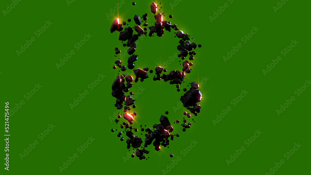 dark stones with red shining bitcoin sign - cosmic fire rocks alphabet, isolated - object 3D illustration