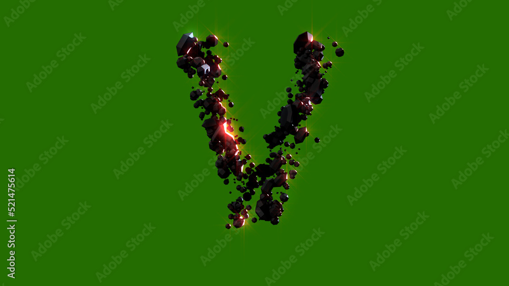 dark stones with red lighting letter V - cosmic burning stones font, isolated - object 3D rendering
