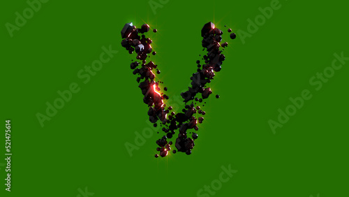 dark stones with red lighting letter V - cosmic burning stones font  isolated - object 3D rendering