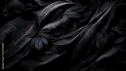 Black luxury cloth, silk satin velvet, with floral shapes, gold threads, luxurious wallpaper, elegant abstract design