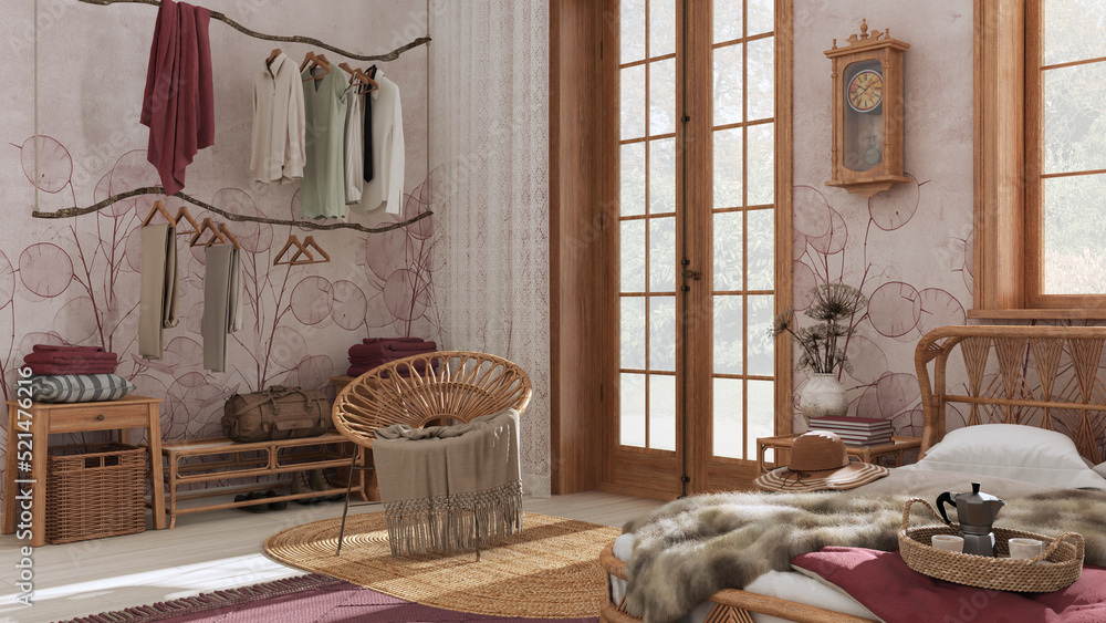 Boho chic farmhouse bedroom with rattan bed, rustic walk in closet and armchair in white and red tones. Jute carpet. Vintage wallpaper, bohemian interior design