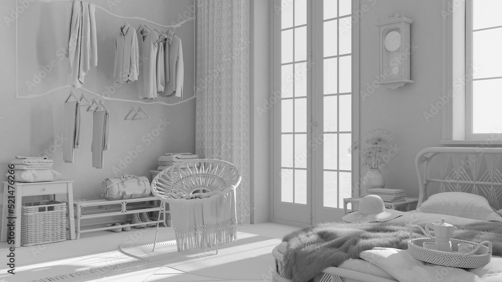 Total white project draft, boho chic farmhouse bedroom with rattan bed