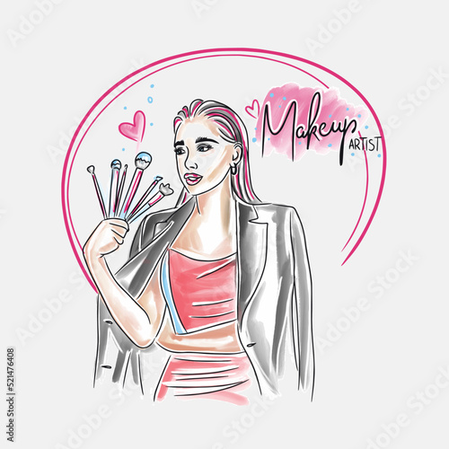 Makeup artist, beauty beauty master, handwritten inscription, girl with brushes in her hands